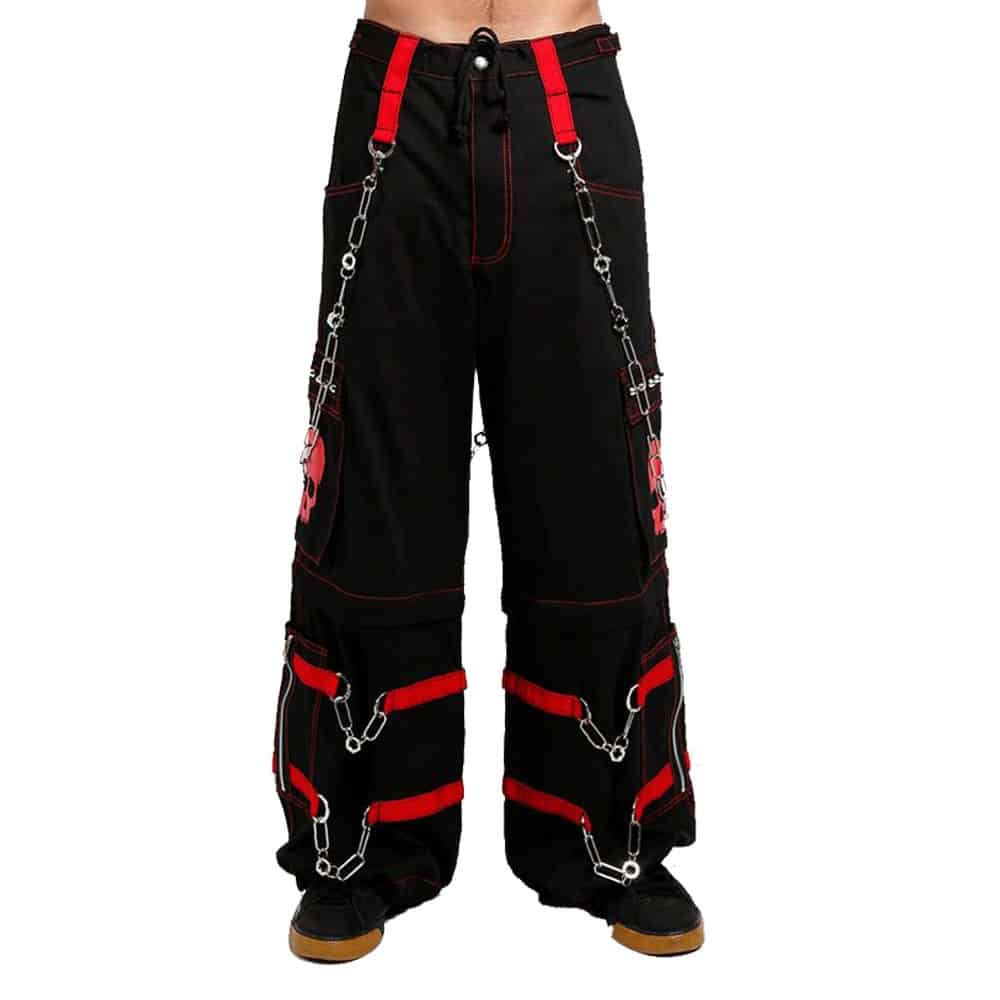 Front view of Black Chain Pants featuring a bold skull design on one thigh, accented with red stitching. The pants are adorned with metallic chains hanging from the waist to the pocket, adding an edgy vibe.