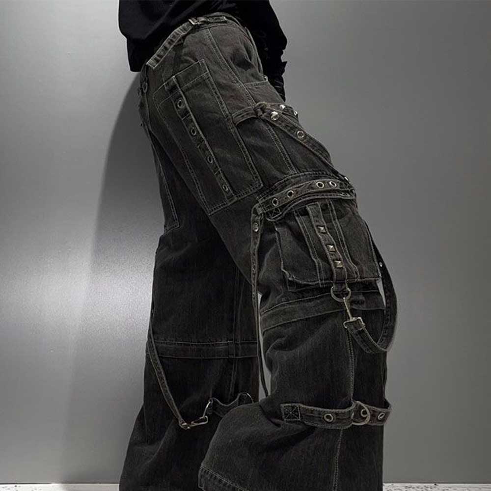 Side view of Black Denim Wash Strap On Zip Off Tripp Pants, displaying the zip-off functionality and adjustable straps.