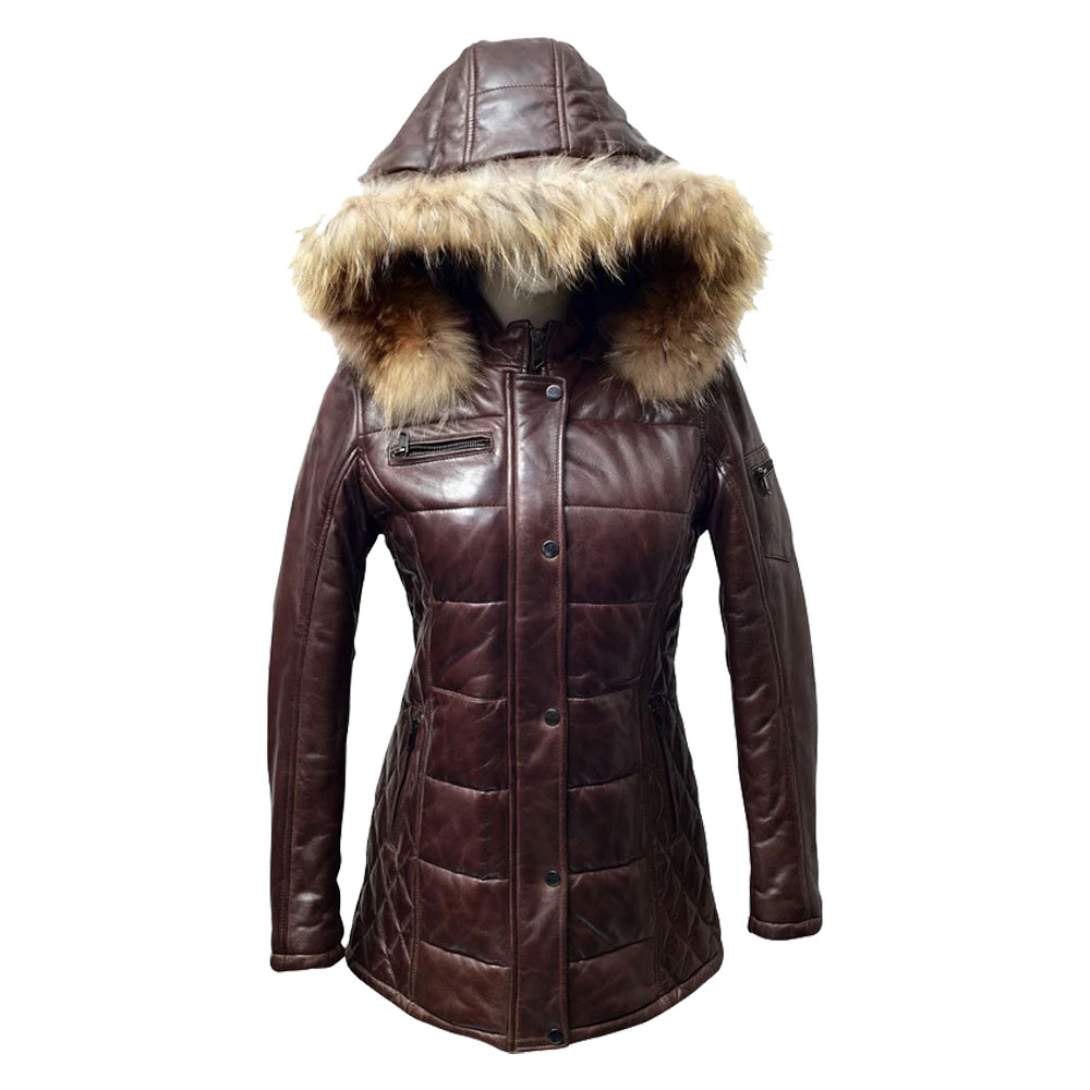 Women's brown leather coat with a fur hood, stylish and warm.