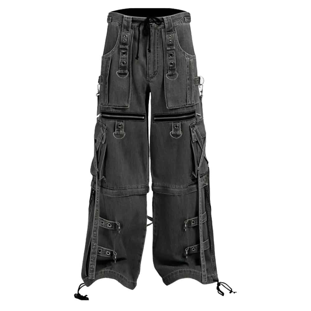 Front view of Gothic X-Strap Denim Pants featuring multiple pockets, buckles, and strap details.