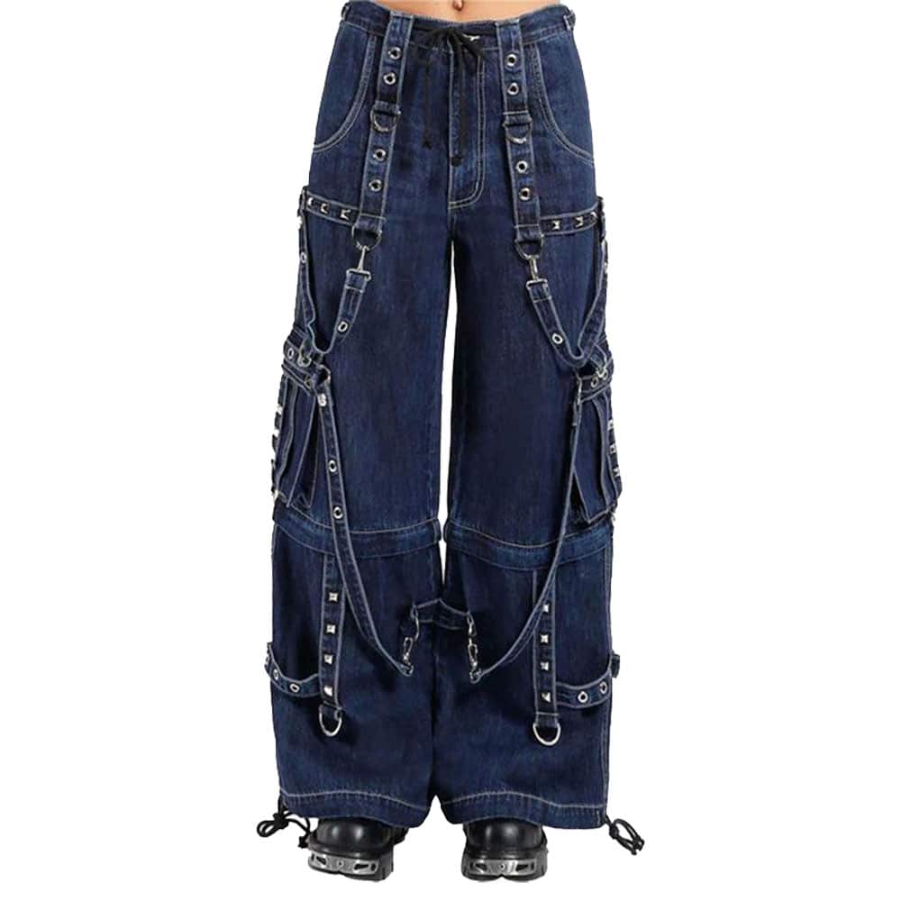 Dark blue denim pants with multiple straps and metal chains, featuring a cargo-style design.