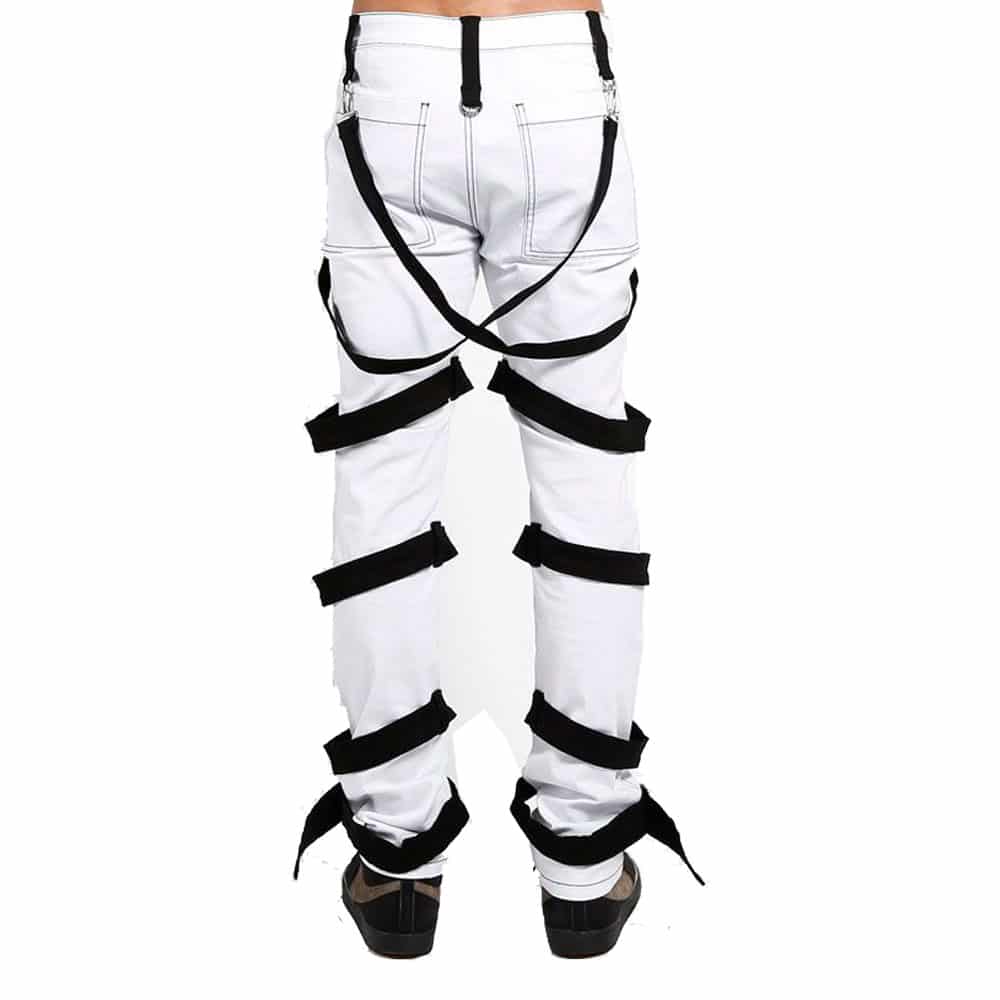 Back view of The White Harness Bondage Pant highlighting the intricate harness details, adjustable straps, and silver hardware, all set against the clean white fabric, giving it a bold and edgy look.