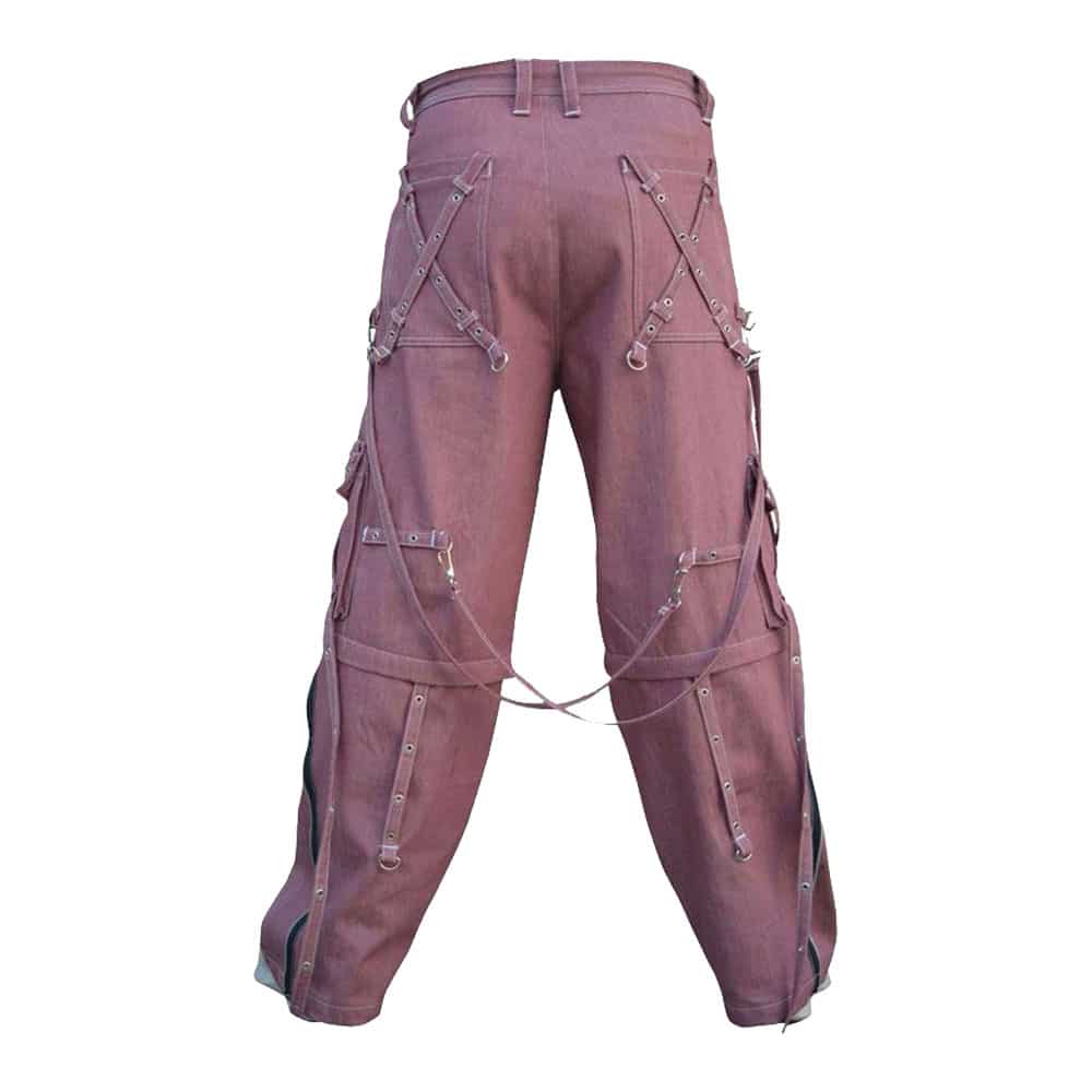 Back view of Unisex X Strap Denim Pant in dusty rose with adjustable straps and zipper details.