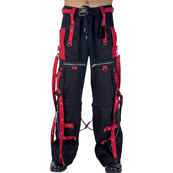 Front view of the Spectral Symphony Cargo Gothic Pant, showcasing intricate detailing, sleek black fabric, and multiple cargo pockets for a stylish yet functional look.