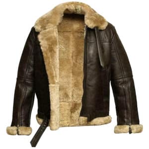 A brown leather aviator jacket with a fluffy shearling collar and lining. The jacket has two front pockets, a belted waist, and ribbed cuffs.