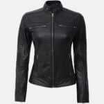 Black leather jacket with quilted panels, a stand-up collar, and multiple pockets. It has a zipper closure and appears to be designed for women.