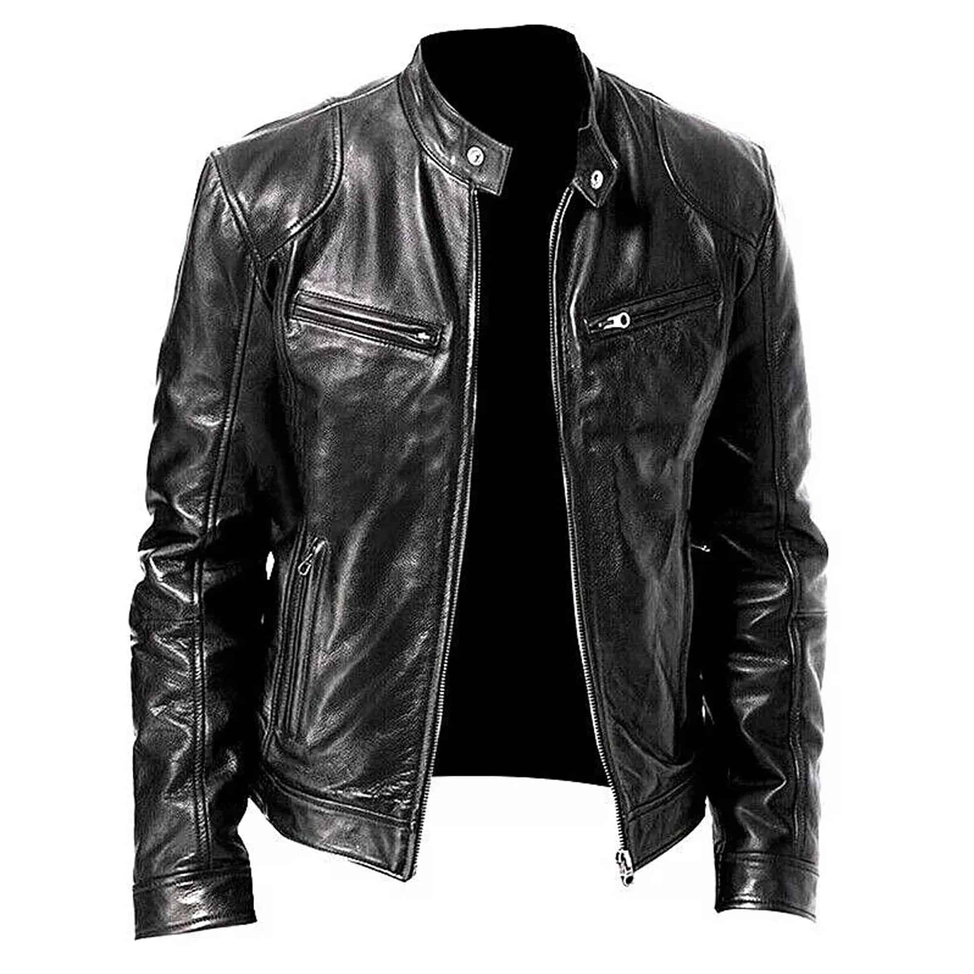 Black leather jacket with a stand collar and zippered pockets.