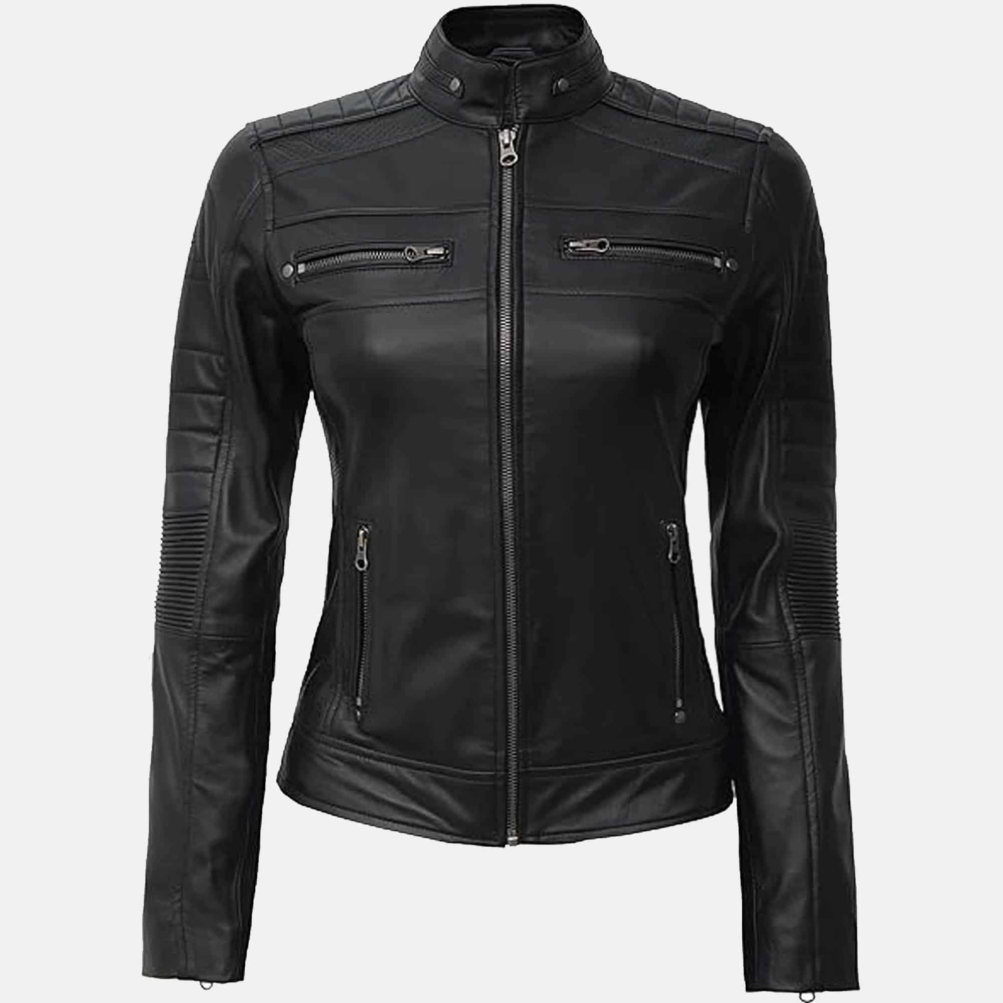 Black leather jacket with quilted panels, a stand-up collar, and multiple pockets. It has a zipper closure and appears to be designed for women.