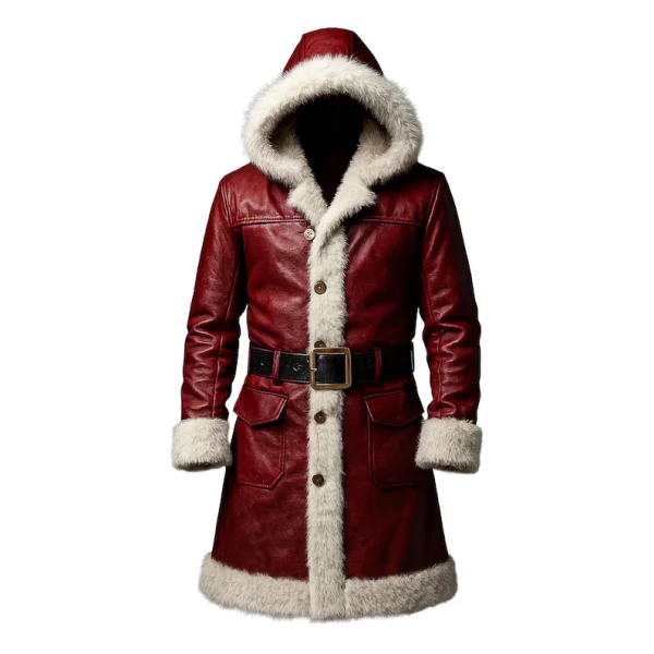 Santa Claus Cowhide Red Leather Trench Coat