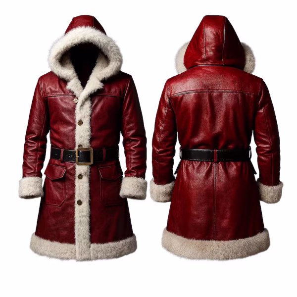 Santa Claus Cowhide Red Leather Trench Coat
