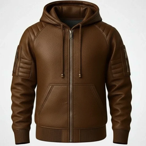 Men’s Brown Leather Zip-Up Hoodie Jacket – Quilted Streetwear Bomber