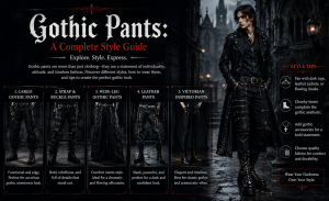 A model wearing black gothic pants with chains and boots in a dark urban gothic setting.