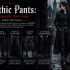 A model wearing black gothic pants with chains and boots in a dark urban gothic setting.