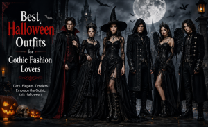 Dark gothic fashion banner featuring a model in a Victorian-style black cloak and elegant dark outfit, styled with dramatic lighting. The design showcases Fiesta Fashion branding with the website [www.fiestaafashion.com](http://www.fiestaafashion.com), highlighting a gothic clothing collection in a moody, aesthetic setting.