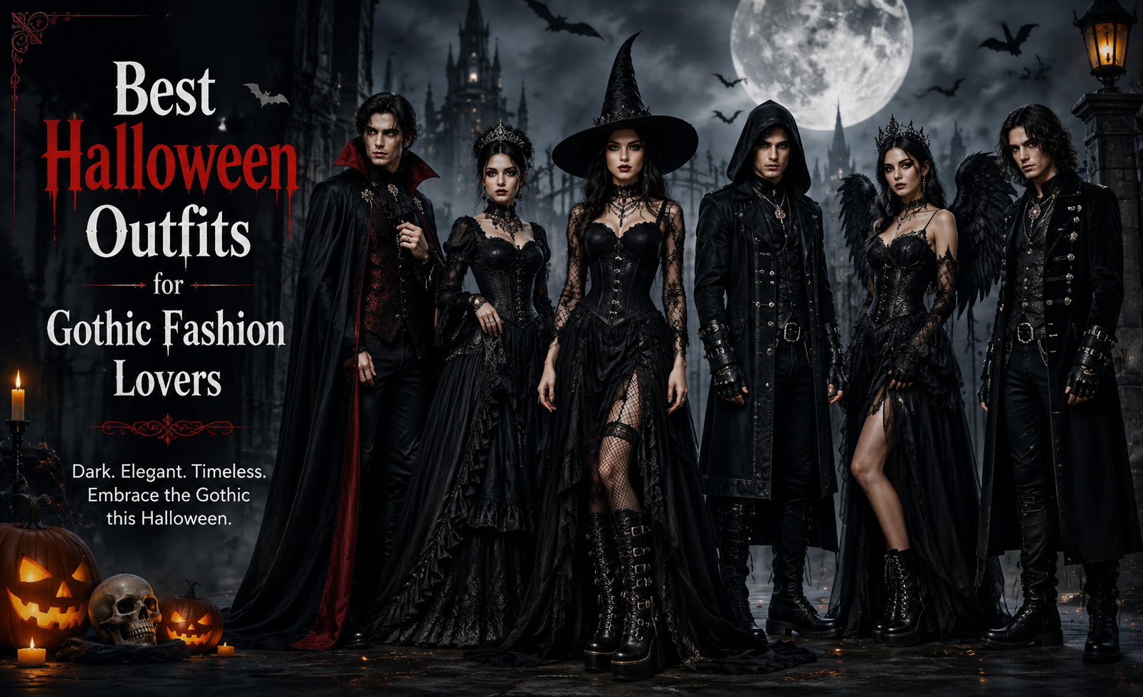 Dark gothic fashion banner featuring a model in a Victorian-style black cloak and elegant dark outfit, styled with dramatic lighting. The design showcases Fiesta Fashion branding with the website [www.fiestaafashion.com](http://www.fiestaafashion.com), highlighting a gothic clothing collection in a moody, aesthetic setting.