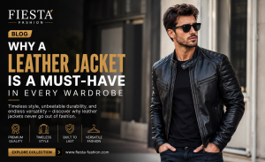 Man wearing a premium black leather jacket from Fiesta Fashion paired with jeans for a modern casual streetwear look.