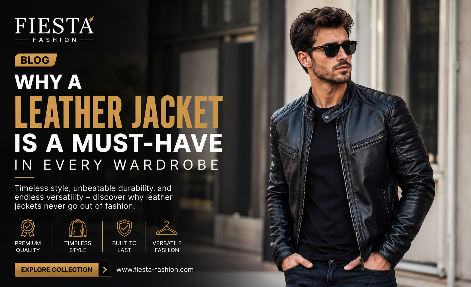 Man wearing a premium black leather jacket from Fiesta Fashion paired with jeans for a modern casual streetwear look.