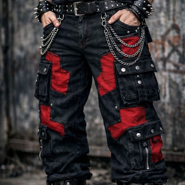 Men's Black and Red Cyberpunk Cargo Pants with Multiple Utility Pockets