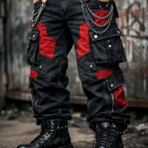 Men's black red cyberpunk cargo pants with chains