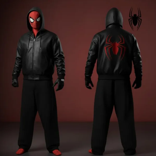 Men's Black Spider Leather Bomber Jacket
