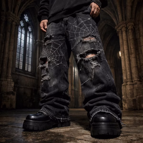 Men's Y2K Gothic Spider Web Baggy Jeans Distressed Black Denim Pants