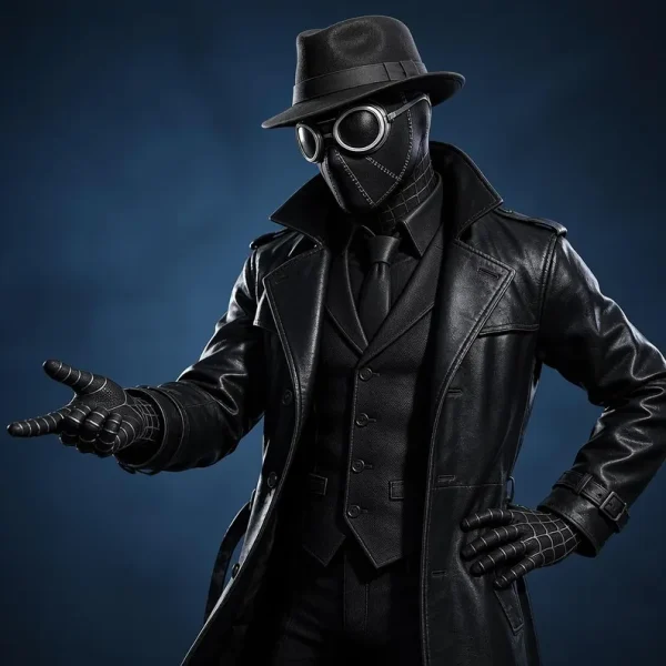 Spider Noir black leather trench coat inspired by Nicolas Cage Spider Man cosplay.