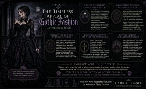 Model wearing an elegant black gothic dress with Victorian-inspired details in a dark atmospheric setting.