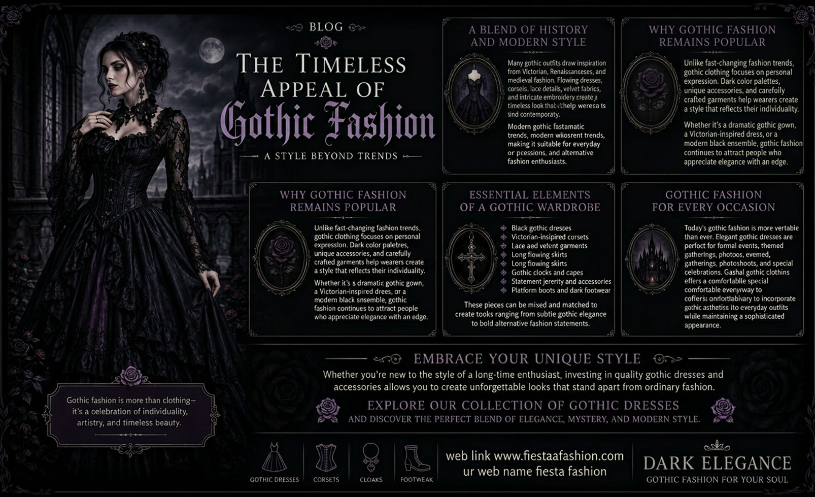 Model wearing an elegant black gothic dress with Victorian-inspired details in a dark atmospheric setting.