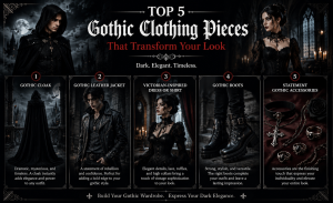Model wearing gothic fashion clothing including a black cloak, leather jacket, Victorian-inspired outfit, and gothic accessories.