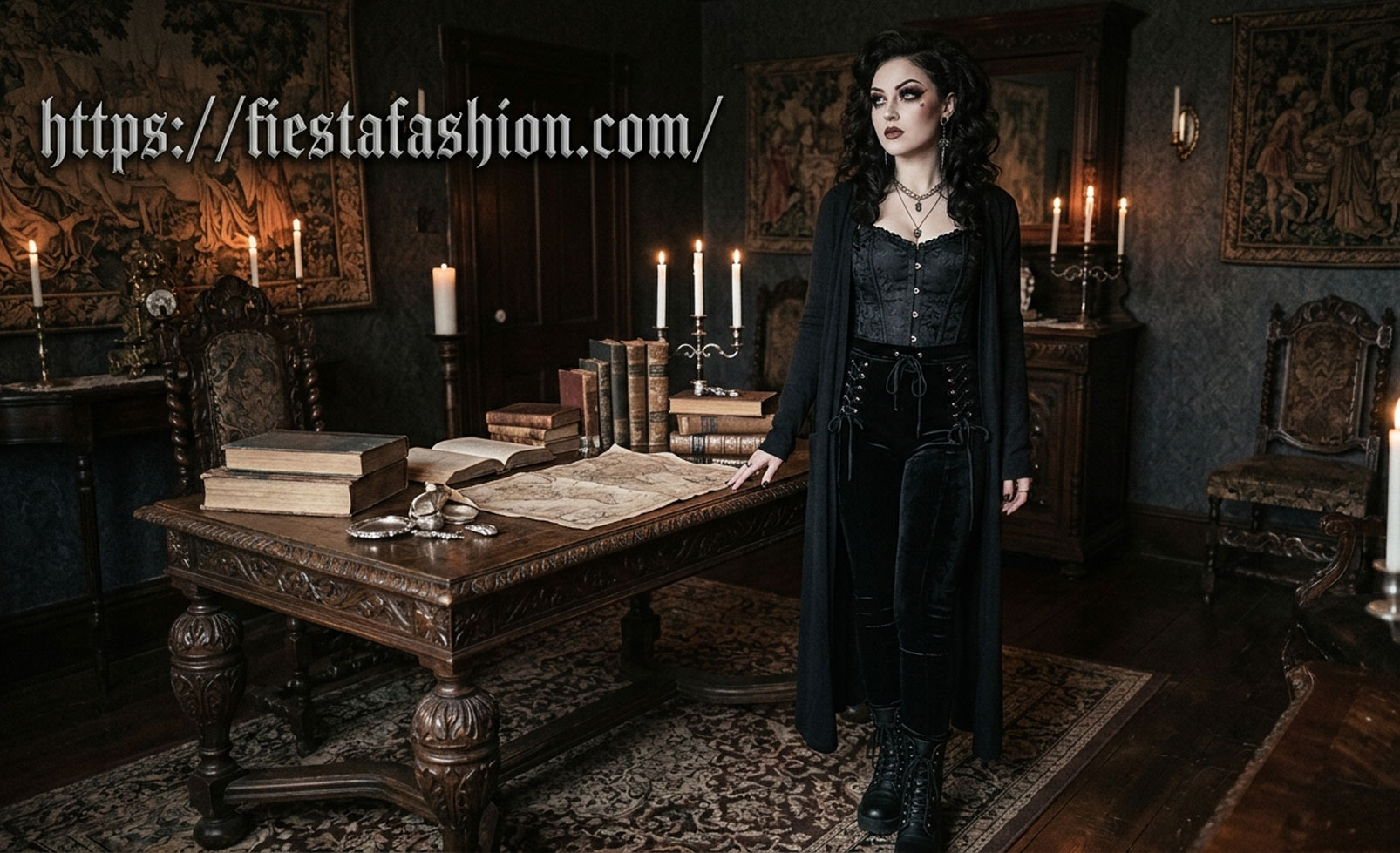 A model wearing black gothic pants with chains and boots in a dark urban gothic setting.