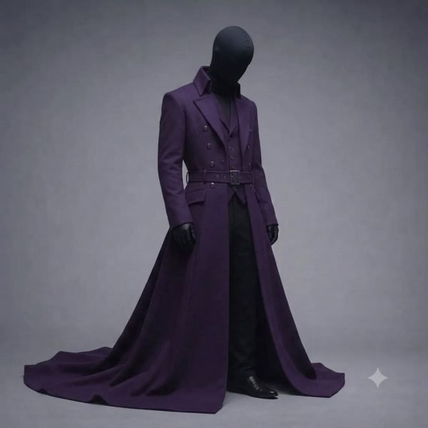 Men's Victorian Gothic purple tailcoat with long steampunk trench coat design.