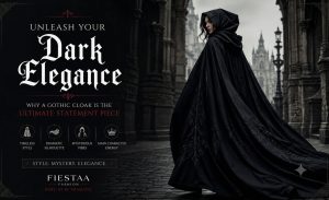 Black gothic cloak with oversized hood styled for dark academia and alternative fashion.