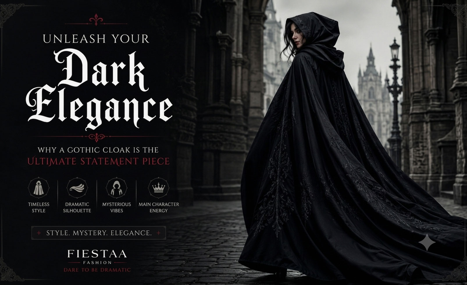 Black gothic cloak with oversized hood styled for dark academia and alternative fashion.