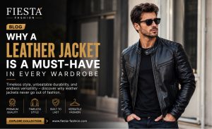 Man wearing a premium black leather jacket from Fiesta Fashion paired with jeans for a modern casual streetwear look.