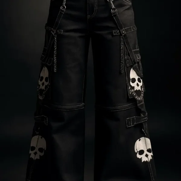 Y2K goth skull print baggy cargo pants with chain pockets