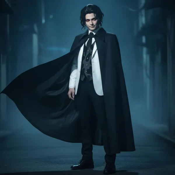 Men wearing a black gothic vampire cape suit with a flowing Victorian-style cloak, white blazer, dark waistcoat, and formal black trousers in a moody nighttime setting.