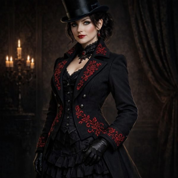 Women’s black Gothic Victorian coat with red embroidery and steampunk corset design