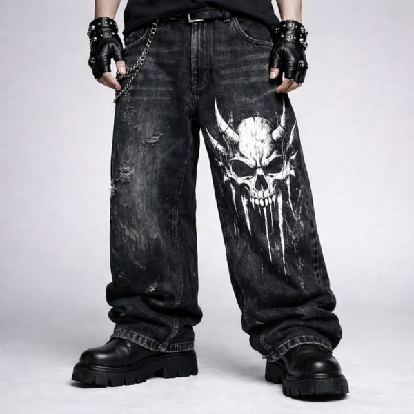 Men’s black washed Y2K Gothic skull baggy jeans with loose fit streetwear design