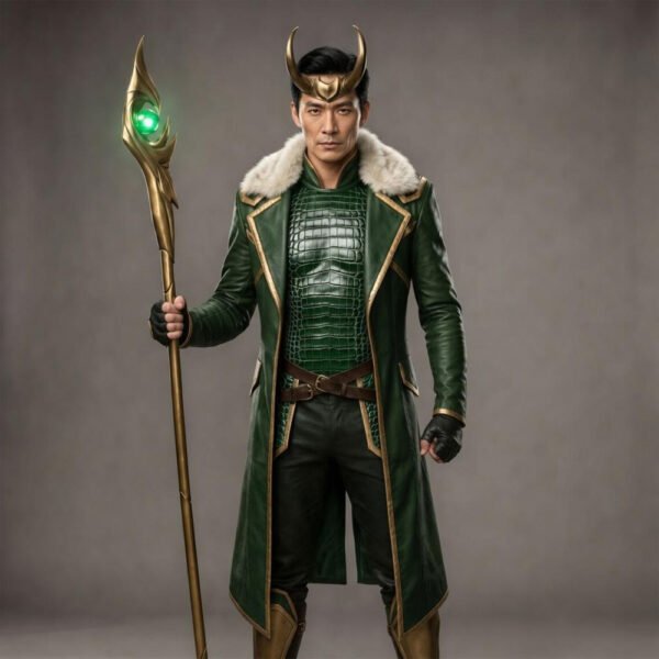 Leather Loki Costume in green and gold with fur collar